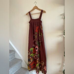 Anthropologie Maeve Beaujardin Brown Floral Boho Flowy Squareneck Maxi Dress XS